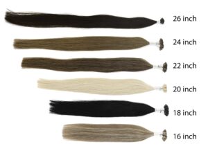This image demonstrates the difference in fullness in k-tip bundles of different lengths. Because each bundle is 50 grams in weight, longer bundles will be less full, while the shortest lengths will contain more volume.